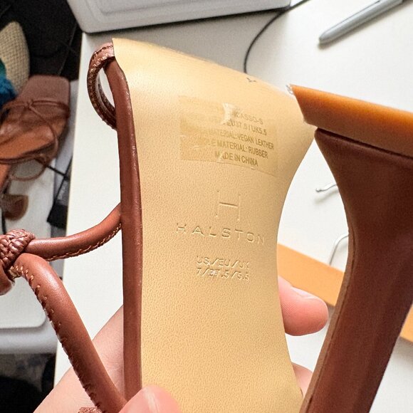 Halston Picasso Lace Up Sandal Spool Heel Square Open Toe Tan Brown 7 - Picture 7 of 7